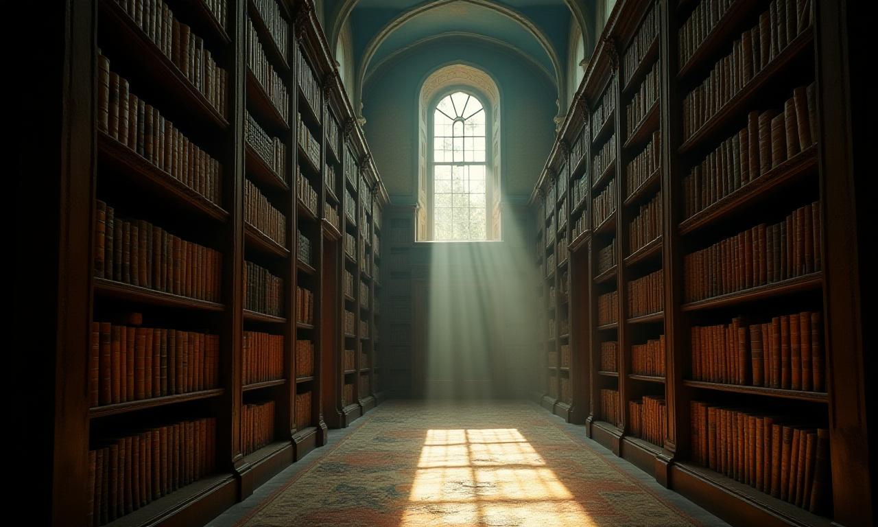Une ancienne bibliothèque majestueuse remplie de livres d'histoire.
